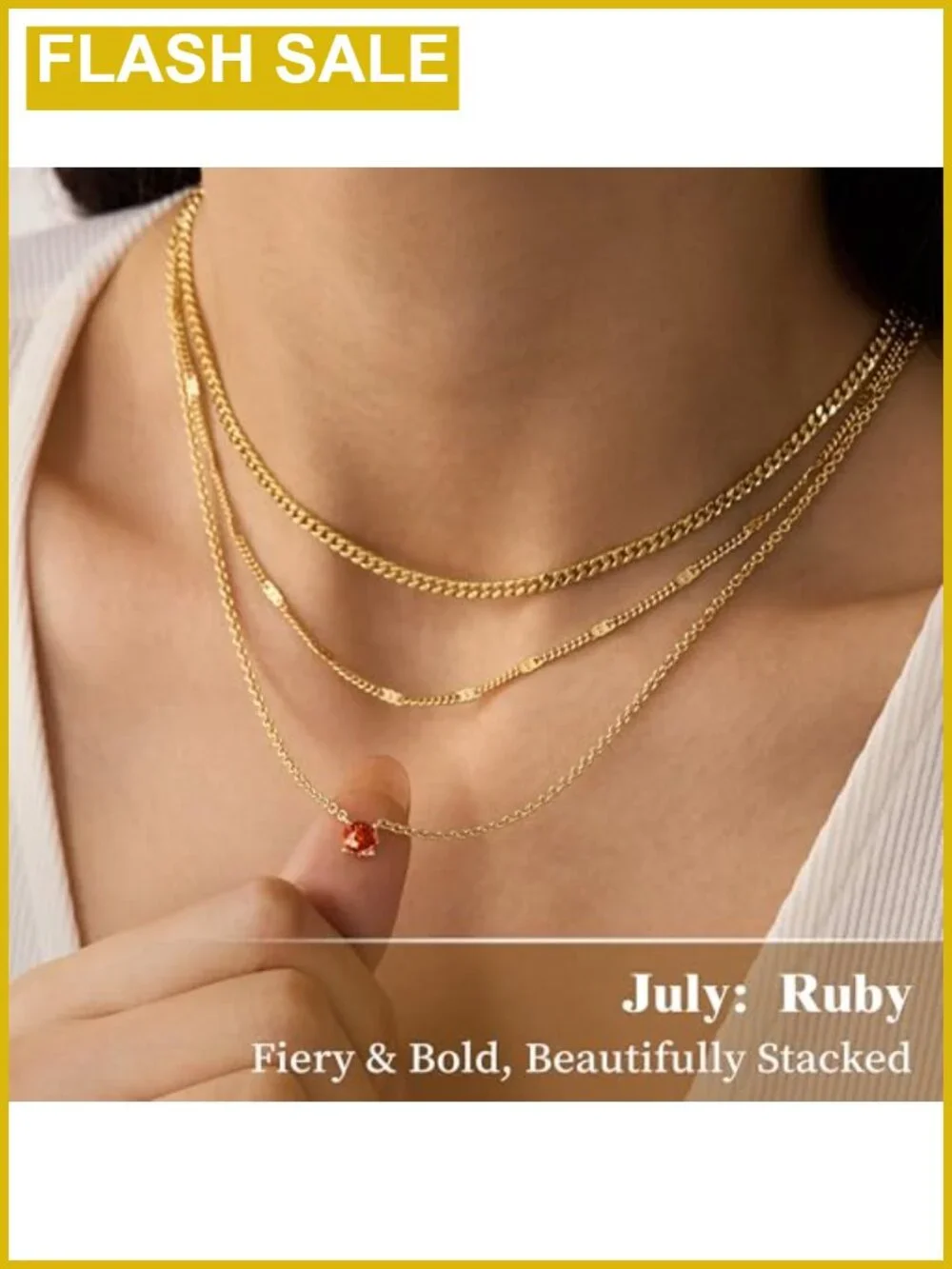 14K Gold Plated 3-Piece Layered Necklace Set Cuban Chain Created Ruby July